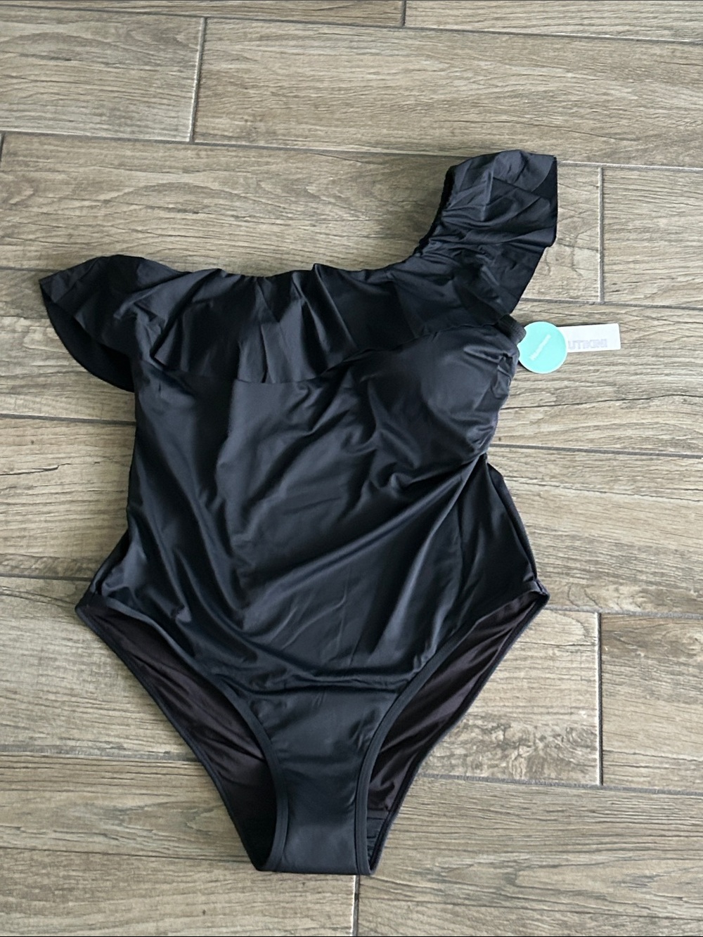 NWT.. Classy Sleek One-Shoulder Black Ruffle Swimsuit Size XL